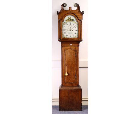 A late 18th century longcase clock, the 11” painted dial signed “Jno. (Jonathan) Penistan, Horncastle”, with church to the ar