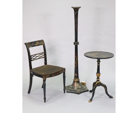 An early 20th century chinoiserie lacquered standard lamp on a hexagonal base, 54” high; a similar tripod table with 17½” dia