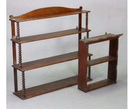 A Victorian mahogany four-tier open wall shelf with bobbin-turned supports, 36” wide x 33¾” high, &amp; a Victorian tramp-art