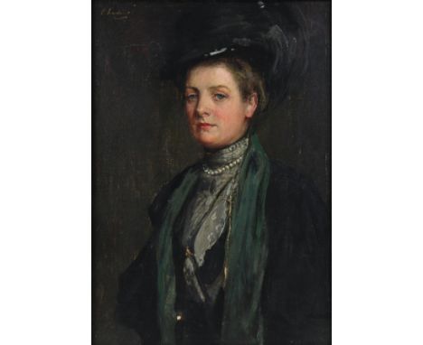 SIR JOHN LAVERY, R.A., R.S.A., R.H.A. (1856-1941) Portrait of Lady Darling, head &amp; shoulder length, wearing silk hat &amp