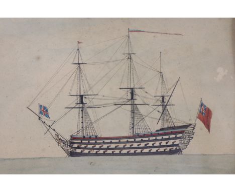 ENGLISH SCHOOL, 19th century.  A miniature ship portrait on paper, inscribed verso “The Royal George of 100 Guns, As taken wi