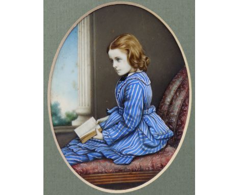 ENGLISH SCHOOL, late 19th/early 20th century.. A portrait miniature of a young girl wearing blue stiped dress &amp; holding a