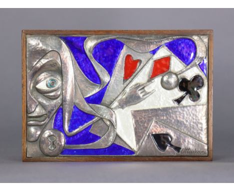 A 1960s Italian wooden playing card box by Ottoviani, with e3mbossed sterling silver &amp; enamelled decoration to the hinged