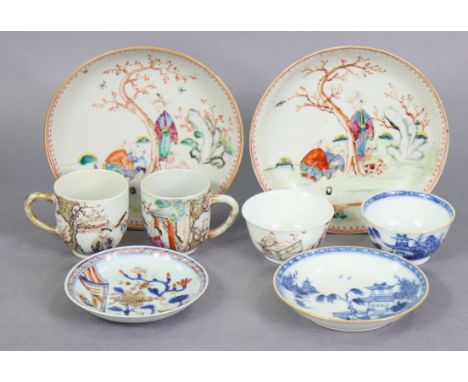 A pair of 18th century Chinese export porcelain coffee cups, decorated with Mandarin figure scenes on a gilt ground, 2¼”; a f