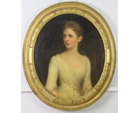 EDWARD HUGHES (1832-1908).  A portrait of Mary Caroline Greathed (Lady Darling), half-length looking to her right; inscribed 