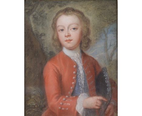 ENGLISH SCHOOL, late 18th century. Portrait of a young man wearing red jacket &amp; holding a hat, half length; pastels; 8” x