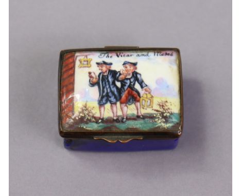 A late 18th century English enamel rectangular snuff box, painted with “The Vicar &amp; Moses” to the hinged lid, with blue g