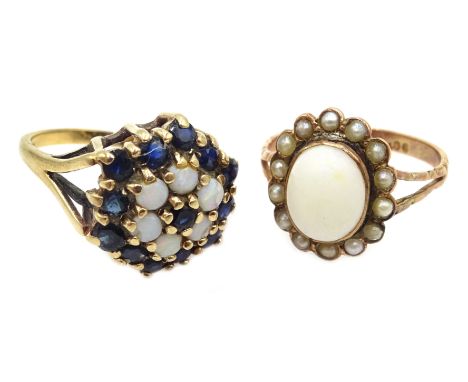 Gold opal and sapphire cluster ring hallmarked 9ct and a rose gold rim set opal and seed pearl cluster ring, stamped 9ct Cond