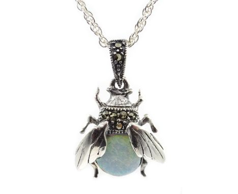 Silver opal and marcasite bug pendant necklace, stamped 925 Condition Report Click here for further images, condition, auctio