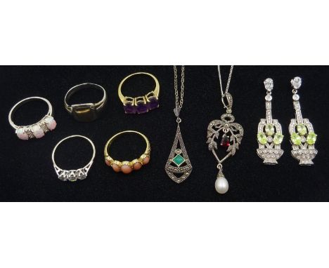 Silver opal and cubic zirconia ring, 9ct gold and silver stone set ring, silver stone set necklaces, ring and pair of earring