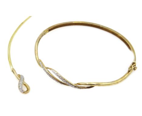9ct gold diamond set crossover hinged bangle, and similar pendant necklace, both stamped 375 Condition Report Approx 7.3gmCli