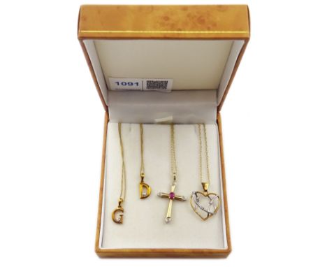 Ruby and diamond set cross pendant necklace, diamond set heart pendant and two necklaces hallmarked or stamped 9ct Condition 