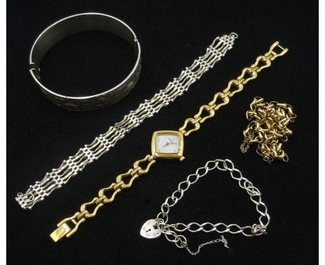 9ct gold chain necklace, silver bangle, both hallmarked, two silver bracelets and ladies Rotary wristwatch (5) Condition Repo