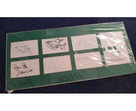Celtic 1967 Lisbon Lions 10.5x23.5 mounted cards signed by Stevie Chalmers, Bertie Auld, Ronnie Simpson, Jim Craig, John Clar