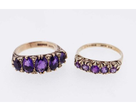 TWO 9CT GOLD FIVE STONE AMETHYST RINGS, ring sizes L and P, 7.0gms gross (2)Provenance: private collection Cardiff, consigned