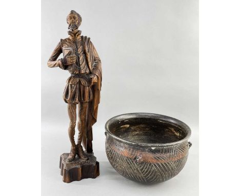 SPANISH CARVED PINE FIGURE OF DON QUIXOTE, holding a book, base stamped 'Ouro', 55cm h, and a contemporary STUDIO POTTERY STO