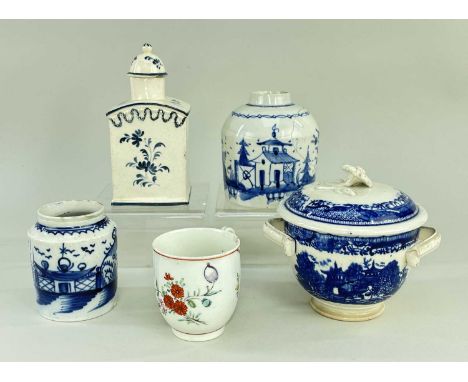 GROUP OF FIVE ENGLISH CERAMICS late 18th / early 19th Century comprising flask tea-caddy, cylindrical tea-caddy, small jar, t