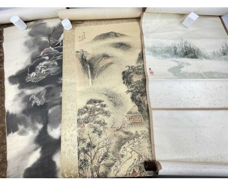 THREE CHINESE HANGING SCROLL PAINTINGS, 19th/20th C.ink and/wash, including (1) dragon in clouds on silk with bone finials (2