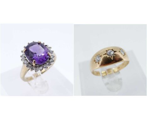 TWO GOLD RINGS comprising 18ct gold three stone diamond 'gypsy' set ring (size L), 2.7gms, together with a 9ct gold amethyst 