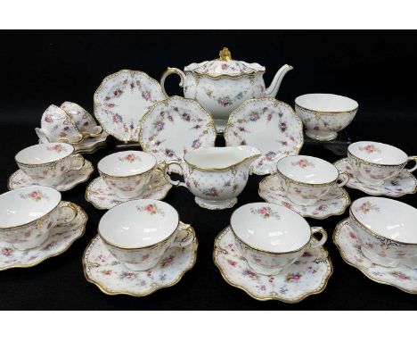 ROYAL CROWN DERBY 'ROYAL ANTOINETTE' BONE CHINA TEA SERVICE, comprising tea pot, sugar, bowl and milk jug, ten teacups, eight
