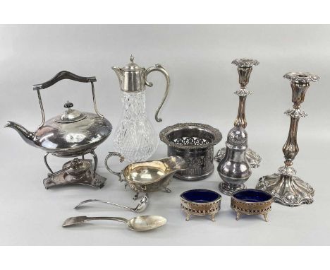 ASSORTED SILVER PLATE comprising glass and silver plate claret jug, EPNS spirit kettle on stand, pair of EP on copper loaded 