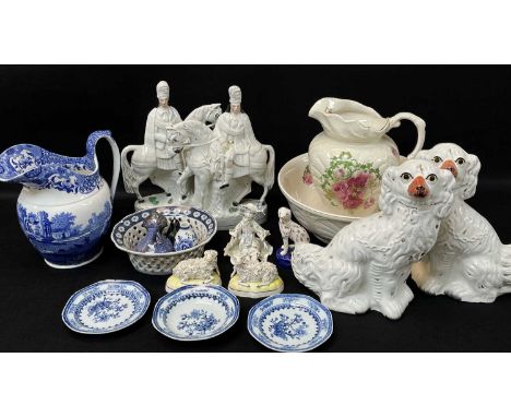 ASSORTED CERAMICS including pair Staffordshire spaniels, pair Staffordshire figures of mounted highlanders, Copeland Spode It