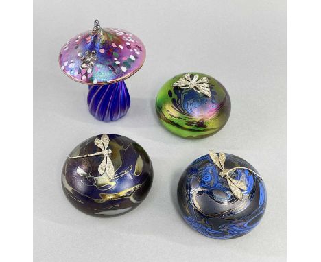 THREE KRIS HEATON ART GLASS PAPERWEIGHTS, of circular pebble design with applied sterling silver dragonflies and butterfly, t