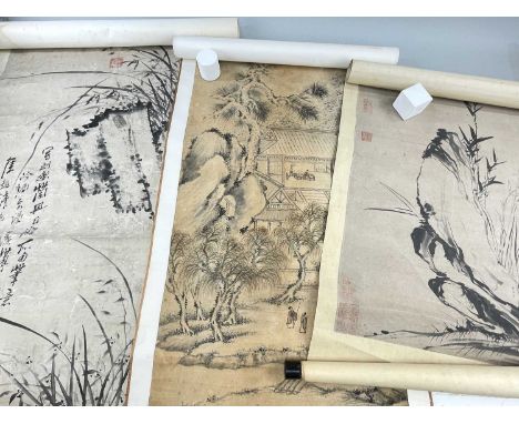 THREE CHINESE HANGING SCROLL PAINTINGS, 19th/20th C.ink and/wash, including (1) bamboo, lily and rocks, (2) wild orchid and r