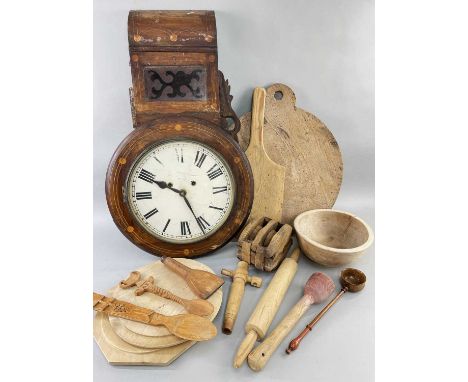 ASSORTED TREEN &amp; WALL CLOCK, including fruitwood toddy ladle, barrel tap, pulley block, various kitchen utrnsils and dish