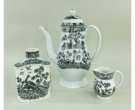 THREE ENGLISH PEARLWARES IN MATCHING TRANSFERS circa 1790, comprising bellied coffee-pot with dome cover, 23.5cms high small 