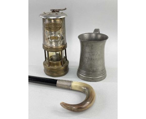 THREE WELSH RELATED ANTIQUES, including Thomas &amp; Williams Type No. 62 miner's lamp, 20cm h; pewter Cardiff pub tankard (C