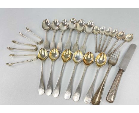 ASSORTED SILVER CUTLERY comprising set of six coffee spoons, Christening knife and fork, three sugar tongs, two further sets 