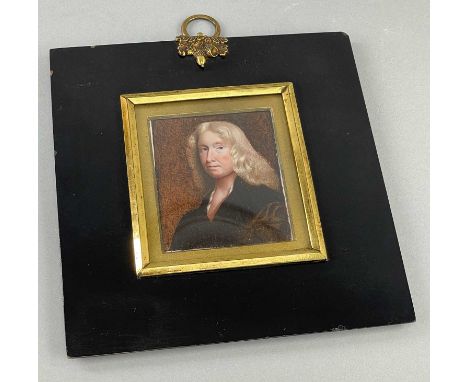 FOLLOWER OF JOHN RILEY, portrait miniature of a young man, long blond hair and dark cape, verso inscribed 'Sir Isaac Newton',