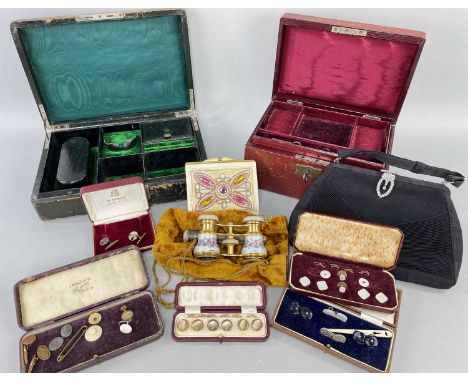 ASSORTED JEWELLERY & COLLECTABLES comprising pair of gents cased cufflinks, two vintage fitted jewellery boxes, enamel and br