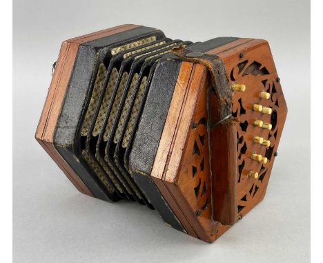 LACHENAL ANGLO SYSTEM CONCERTINA, with 20+1 bone keys, wooden fretworked ends and five-fold leather bellows, handle stamped '