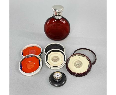 SCENT BOTTLE, BUTTON-HOLE WATCH &amp; SEAL IMPRESSIONS, the ruby glass flask with silver hinged top by Samson Mordan &amp; Co