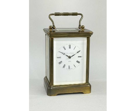 LARGE MATTHEW NORMAN BRASS CARRIAGE CLOCK, white enamel dial, 5-glass case with 11J Swiss platfom lever movement, 13.5cm h (e