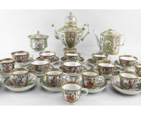 ASSOCIATED CANTON FAMILLE ROSE PORCELAIN PART TEA &amp; COFFEE SERVICE, 19th Century, comprising coffee pot and domed cover, 