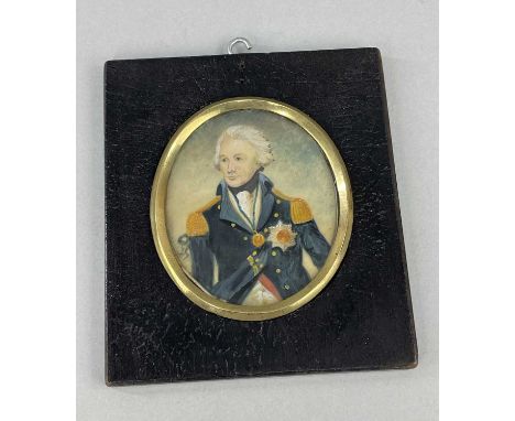 PORTRAIT MINIATURE OF ADMIRAL LORD NELSON, the paper back with crest and banner 'Amor Et Honor', unsigned in ebonised framePr