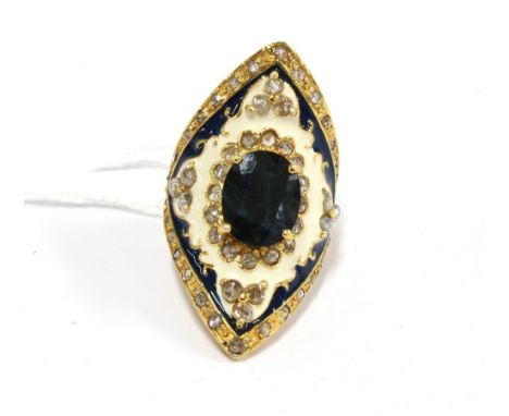 Diamond, gemset &amp; enamel dress set in yellow metal, likely silver gilt, indistinct marks to inner band, size Q