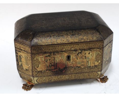 19th century Chinese Export black lacquered tea caddy, Black lacquer and gilt tea caddy, octagonal with paw feet and hinged l