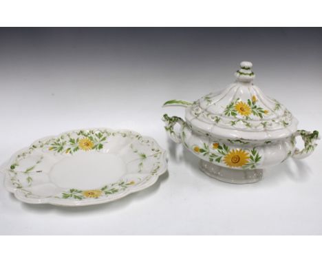Italian floral painted tureen, with ladle and on stand, 25cm