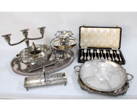 Box containing a quantity of silver plate and Epns wares, including a candelabra, trays, spoons,  etc