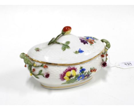 Herend bonbonnière decorated with flowers and stem handles, the cover with a strawberry finial,  17 x 10cm