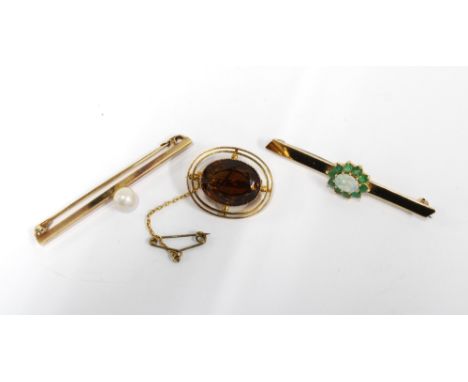 9ct gold smoky quartz brooch, stamped 9ct, a 9ct gold pearl bar brooch stamped 375 and an emerald and opal brooch set in unma