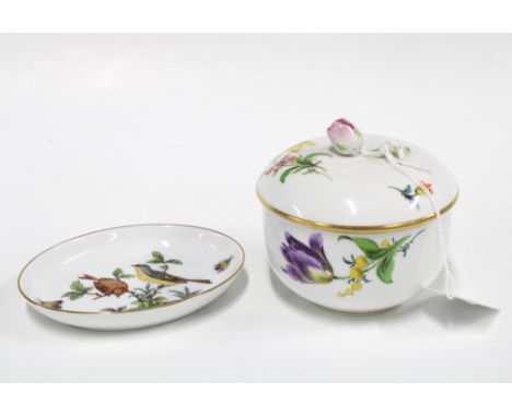Porcelain bowl and cover with rose finial, blue crossed swords mark, 9cm, together with a Herend trinket dish painted with bi