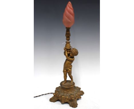A vintage spelter cherub lamp base, with pink glass shade, 48cm