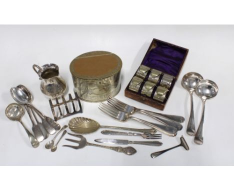 Quantity of Epns wares to include a cased set of six napkin rings, tea caddy box, toastrack and mixed flatwares, etc (a lot)