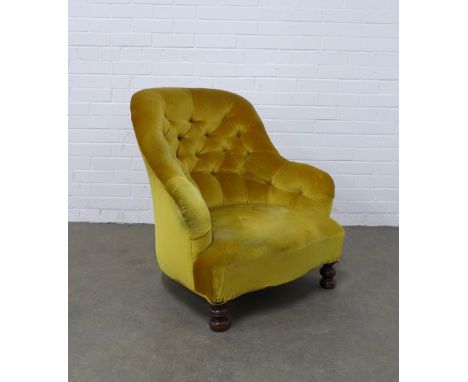 Button back bedroom chair, upholstered in gold velvet, 68 x 78 x 52cm.