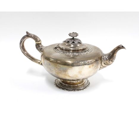 Victorian silver teapot, London 1839, the lid with flower head finial, handle with bone insulators
